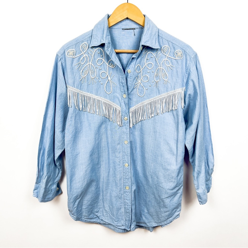 Vintage 80s 90s western embroidered fringe beaded chambray shirt